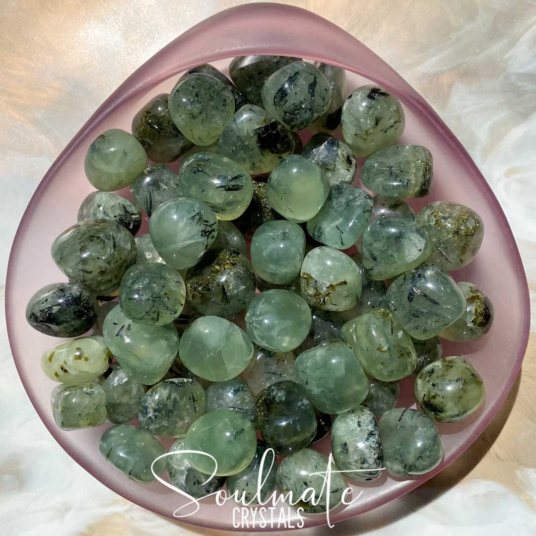 Soulmate Crystals Prehnite Epidote Tumbled Stone, Translucent Olive Green Crystal, Rutile Epidote Black Tourmaline Inclusions for Protection, Cleansing, Emotional Wellbeing, Calm, Stability, Awareness, Restoration.