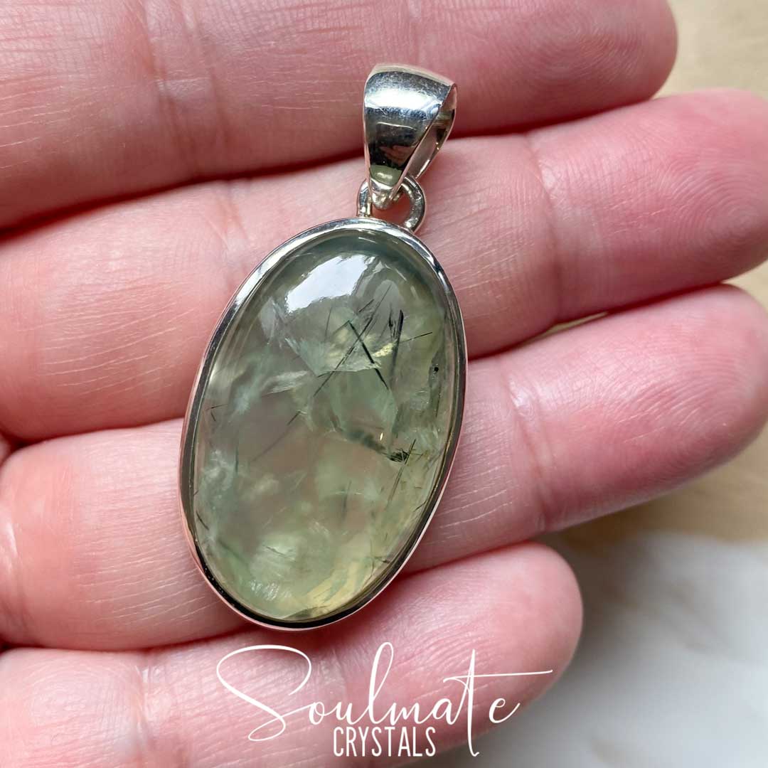 Soulmate Crystals Prehnite Epidote Polished Crystal Pendant Oval Sterling Silver Grade A, Green Crystal for Emotional Wellbeing, Stability, Deeper Awareness, Soothing, Calming, Pendant, Jewellery, Jewelry, Wearable Crystal Jewellery.