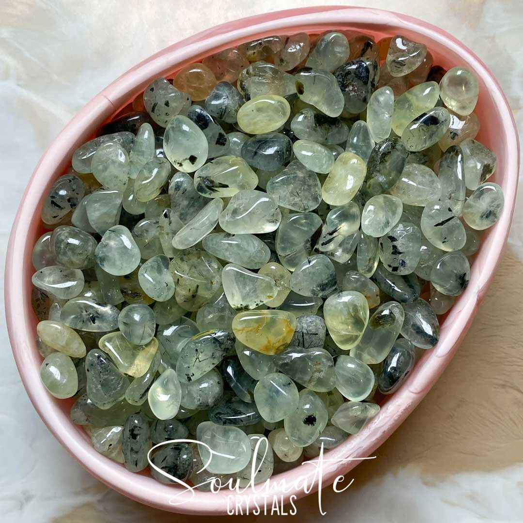 Soulmate Crystals Prehnite Epidote Tumbled Stone, Translucent Olive Green Crystal, Rutile Epidote Black Tourmaline Inclusions for Protection, Cleansing, Emotional Wellbeing, Calm, Stability, Awareness, Restoration.