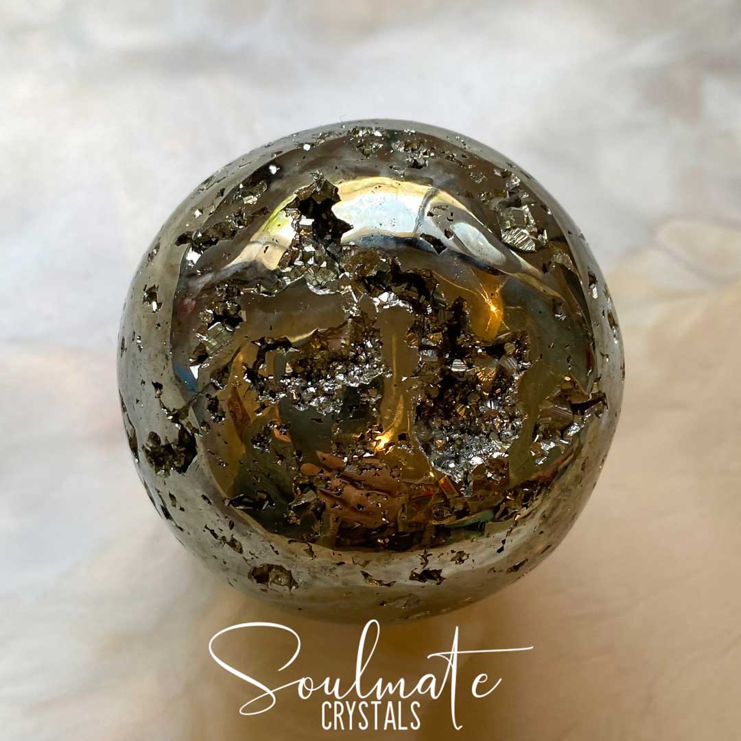 Soulmate Crystals Pyrite Polished Crystal Sphere, Golden Metallic Stone for Wealth, Manifestation.