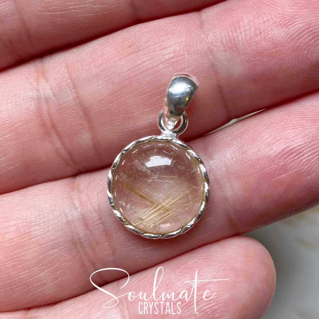 Soulmate Crystals Gold Rutilated Quartz Polished Crystal Pendant Round Sterling Silver Grade A, Polished Clear Opaque Crystal for Harmonising Energy, Manifestation, Spiritual Growth, Gold Rutile Inclusions for Creativity, Pendant, Jewellery, Jewelry, Wearable Crystal Jewellery.