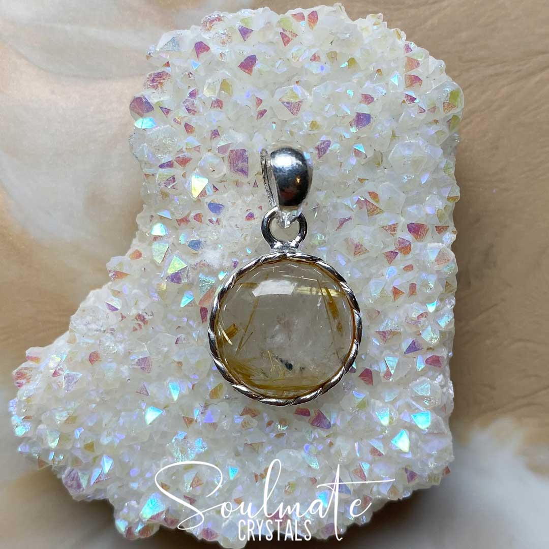 Soulmate Crystals Gold Rutilated Quartz Polished Crystal Pendant Round Sterling Silver Grade A, Polished Clear Opaque Crystal for Harmonising Energy, Manifestation, Spiritual Growth, Gold Rutile Inclusions for Creativity, Pendant, Jewellery, Jewelry, Wearable Crystal Jewellery.