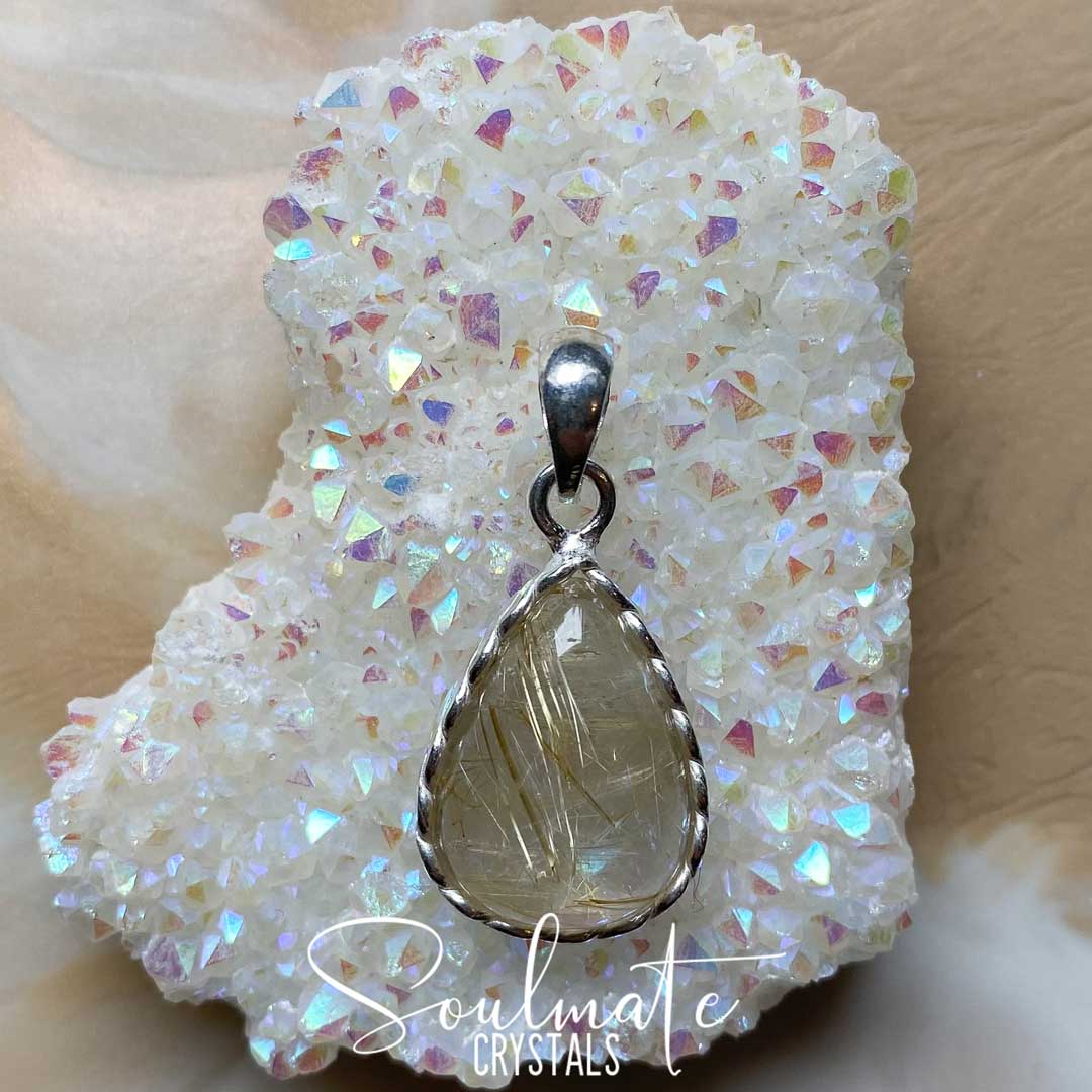 Soulmate Crystals Gold Rutilated Quartz Polished Crystal Pendant Sterling Silver Grade A, Polished Clear Opaque Crystal for Harmonising Energy, Manifestation, Spiritual Growth, Gold Rutile Inclusions for Creativity, Pendant, Jewellery, Jewelry, Wearable Crystal Jewellery.