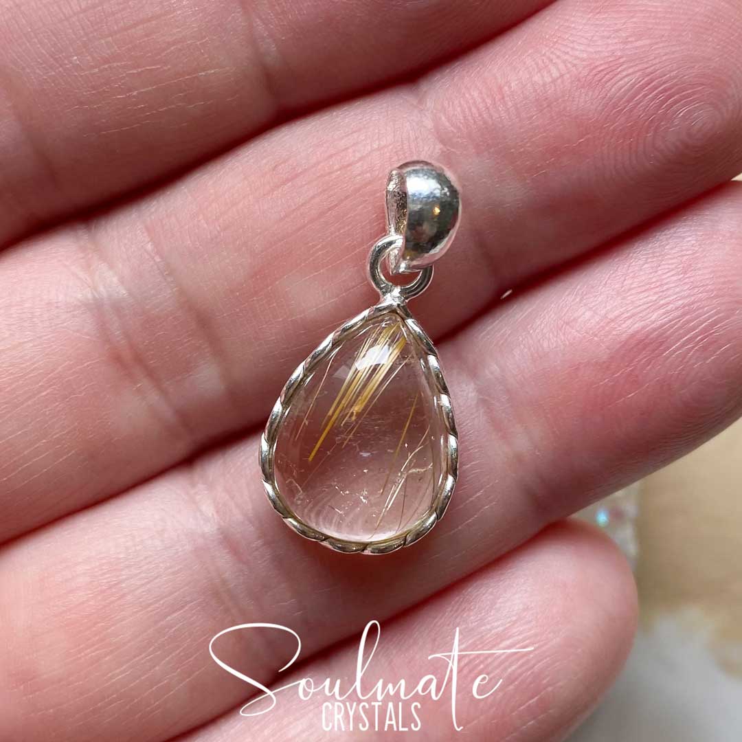 Soulmate Crystals Gold Rutilated Quartz Polished Crystal Pendant Sterling Silver Grade A, Polished Clear Opaque Crystal for Harmonising Energy, Manifestation, Spiritual Growth, Gold Rutile Inclusions for Creativity, Pendant, Jewellery, Jewelry, Wearable Crystal Jewellery.