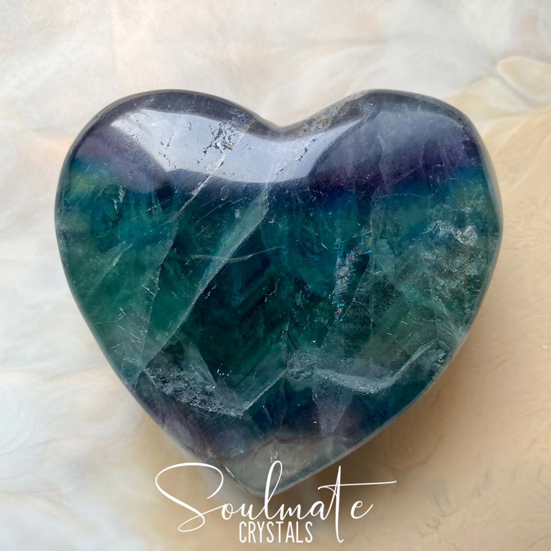 Soulmate Crystals Rainbow Fluorite Polished Crystal Heart, Purple, Green, Blue, Clear Fluorite Crystal for Clear and Focused Thinking, Mental Agility