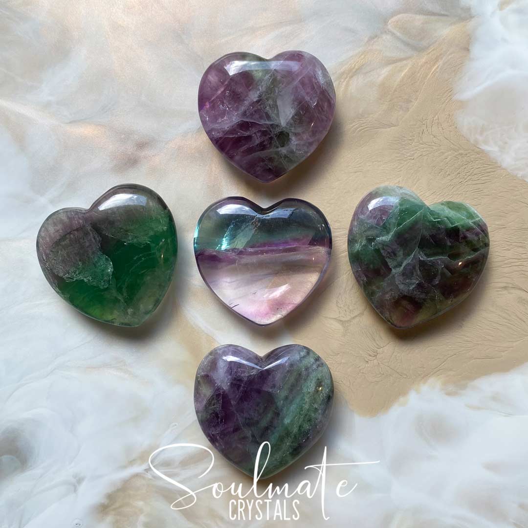 Soulmate Crystals Rainbow Fluorite Polished Crystal Heart, Purple, Green Clear Fluorite Crystal for Clear and Focused Thinking, Mental Agility