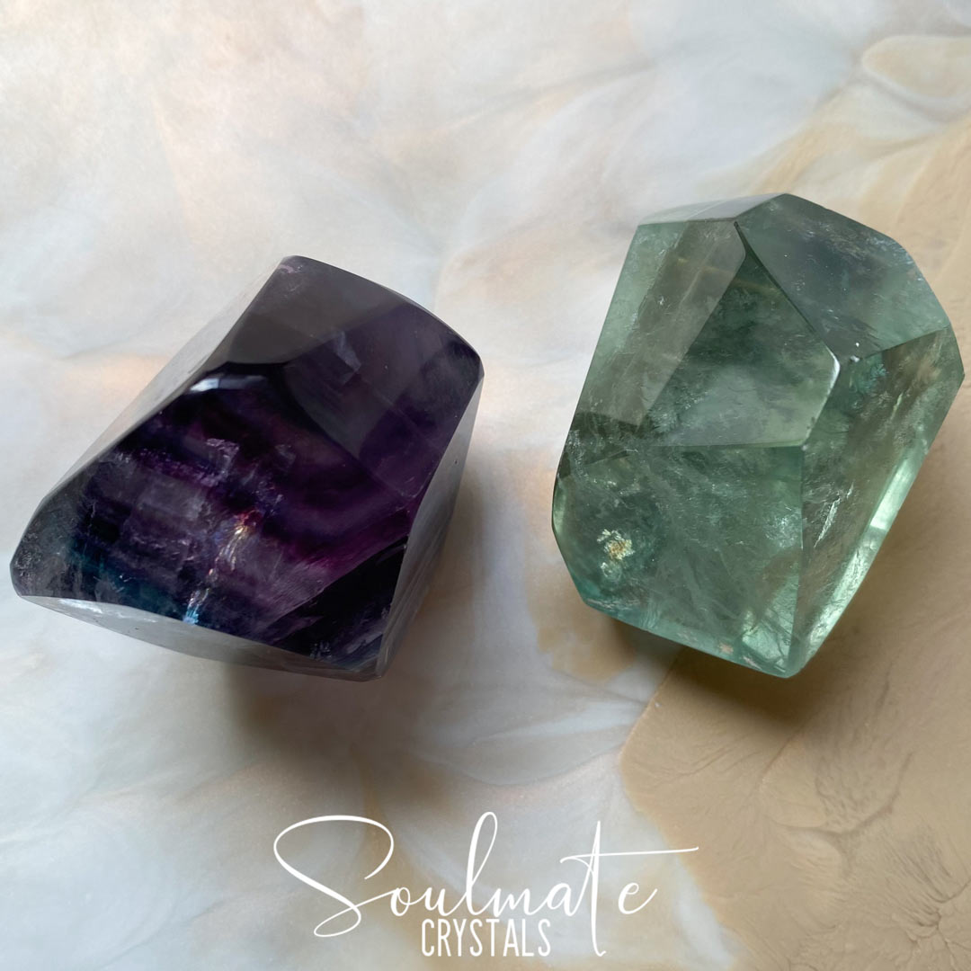 Soulmate Crystals Rainbow Fluorite Polished Crystal Freeform, Purple, Green, Blue, Clear Crystal for Clarifying Thoughts, Decision Making, Mental Agility