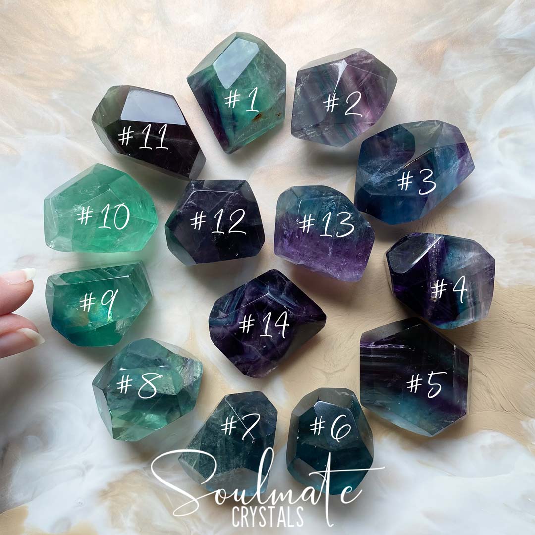Soulmate Crystals Rainbow Fluorite Polished Crystal Freeform, Purple, Green, Blue, Clear Crystal for Clarifying Thoughts, Decision Making, Mental Agility