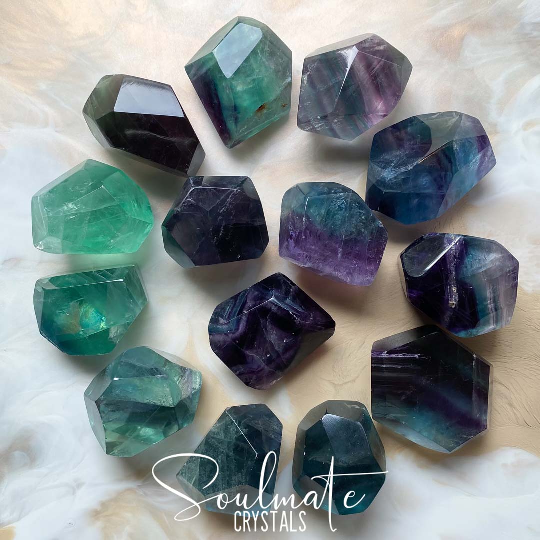 Soulmate Crystals Rainbow Fluorite Polished Crystal Freeform, Purple, Green, Blue, Clear Crystal for Clarifying Thoughts, Decision Making, Mental Agility