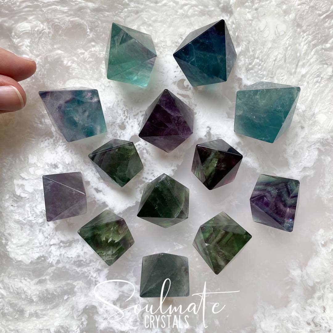 Soulmate Crystals Rainbow Fluorite Polished Crystal Octahedron, Purple, Green, Blue, Clear Crystal for Clarifying Thoughts, Decision Making, Mental Agility