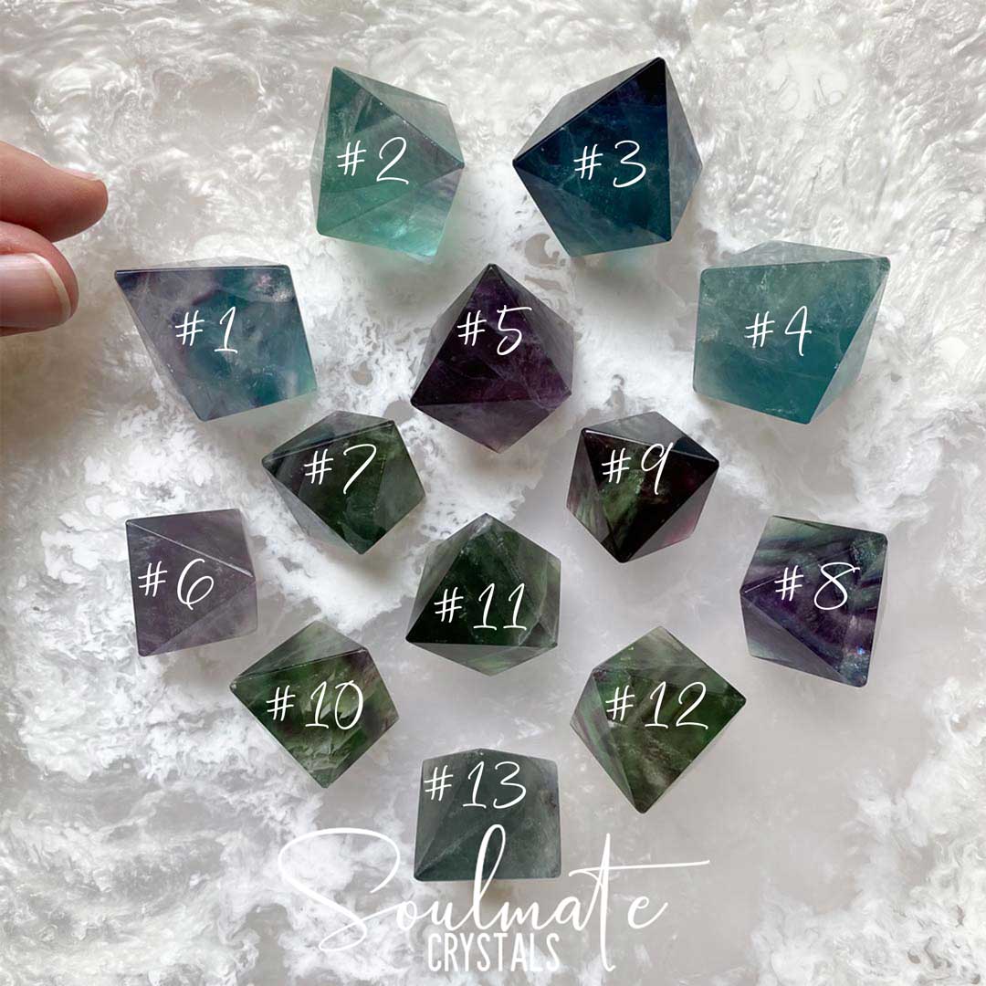 Soulmate Crystals Rainbow Fluorite Polished Crystal Octahedron, Purple, Green, Blue, Clear Crystal for Clarifying Thoughts, Decision Making, Mental Agility