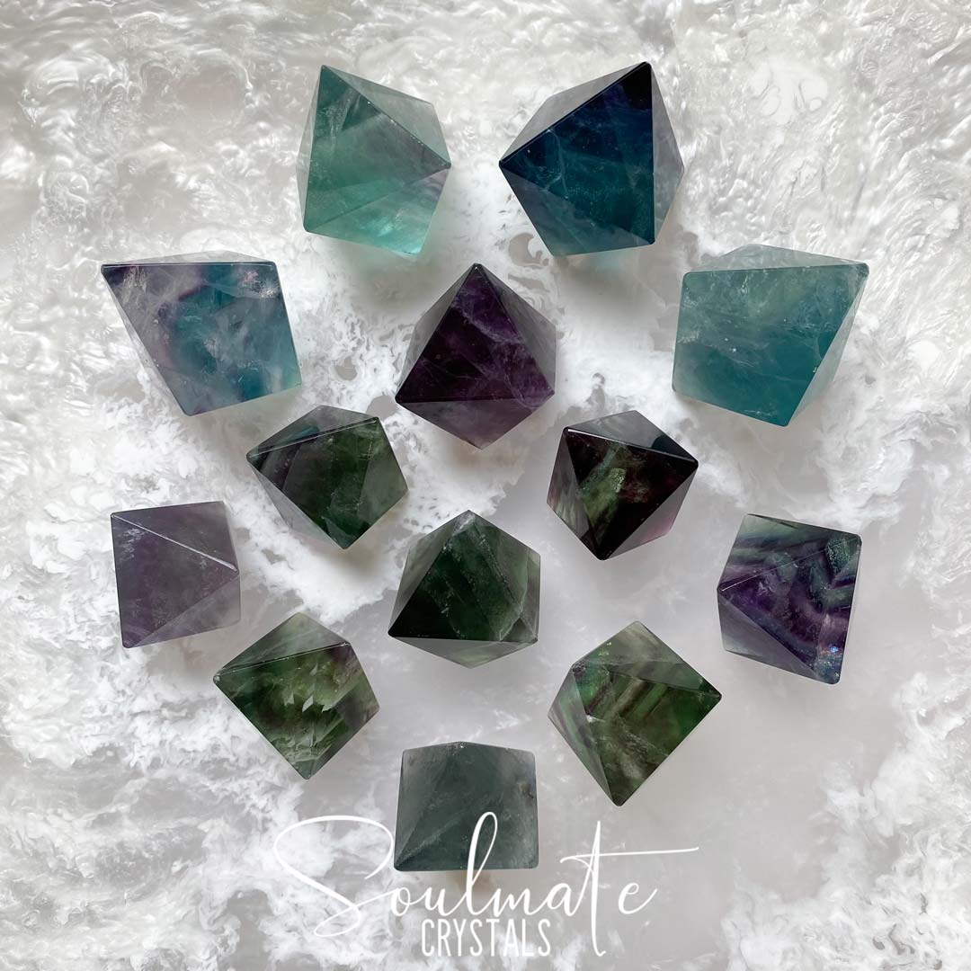 Soulmate Crystals Rainbow Fluorite Polished Crystal Octahedron, Purple, Green, Blue, Clear Crystal for Clarifying Thoughts, Decision Making, Mental Agility