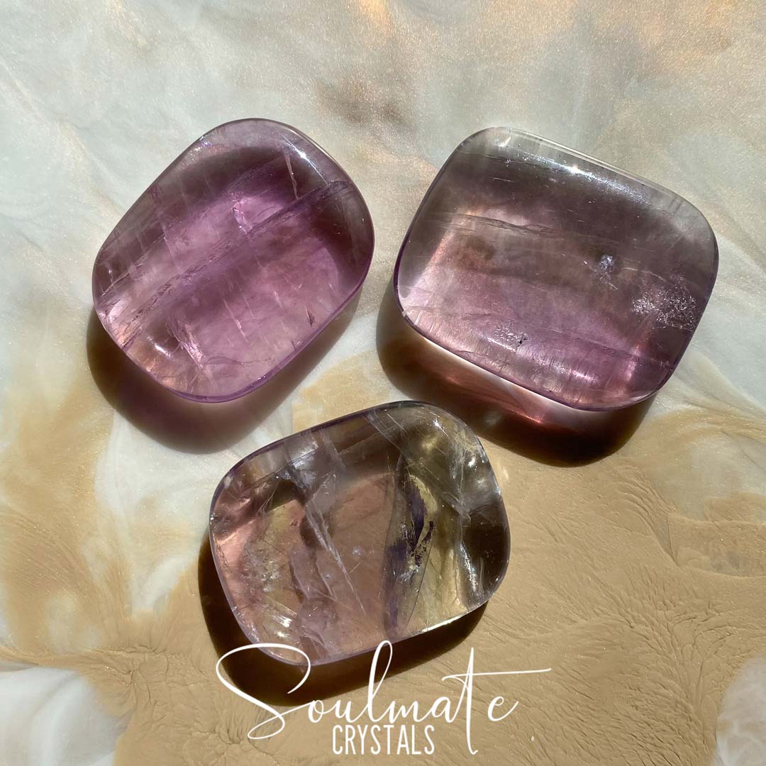 Soulmate Crystals Rainbow Fluorite Polished Palm Stone, Purple, Green Crystal for Decision Making, Focus, Clarity, Study.