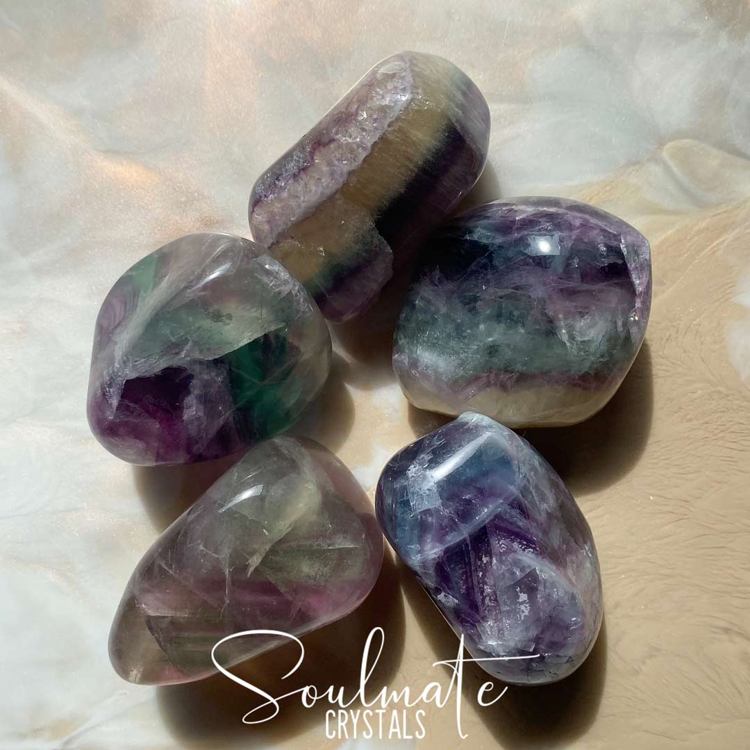 Soulmate Crystals Rainbow Fluorite Polished Pebble, Purple, Green Fluorite Crystal for Study, Focused Thinking, Mental Agility, Palm Stone.