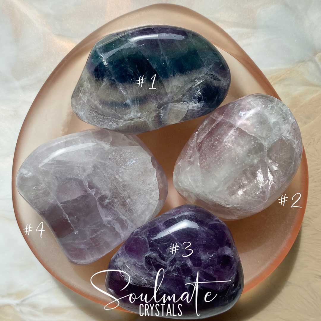 Soulmate Crystals Rainbow Fluorite Polished Pebble, Purple, Green Fluorite Crystal for Study, Focused Thinking, Mental Agility, Palm Stone.
