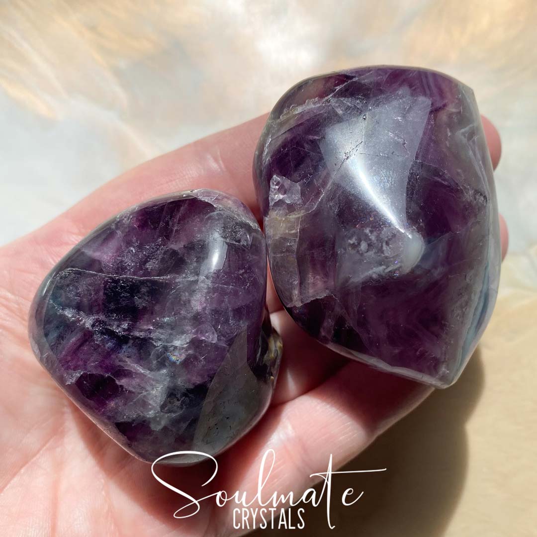 Soulmate Crystals Rainbow Fluorite Polished Pebble, Purple, Green Fluorite Crystal for Study, Focused Thinking, Mental Agility, Palm Stone.