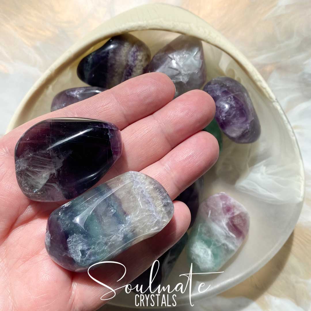 Soulmate Crystals Rainbow Fluorite Polished Pebble, Purple, Green Fluorite Crystal for Study, Focused Thinking, Mental Agility, Palm Stone.