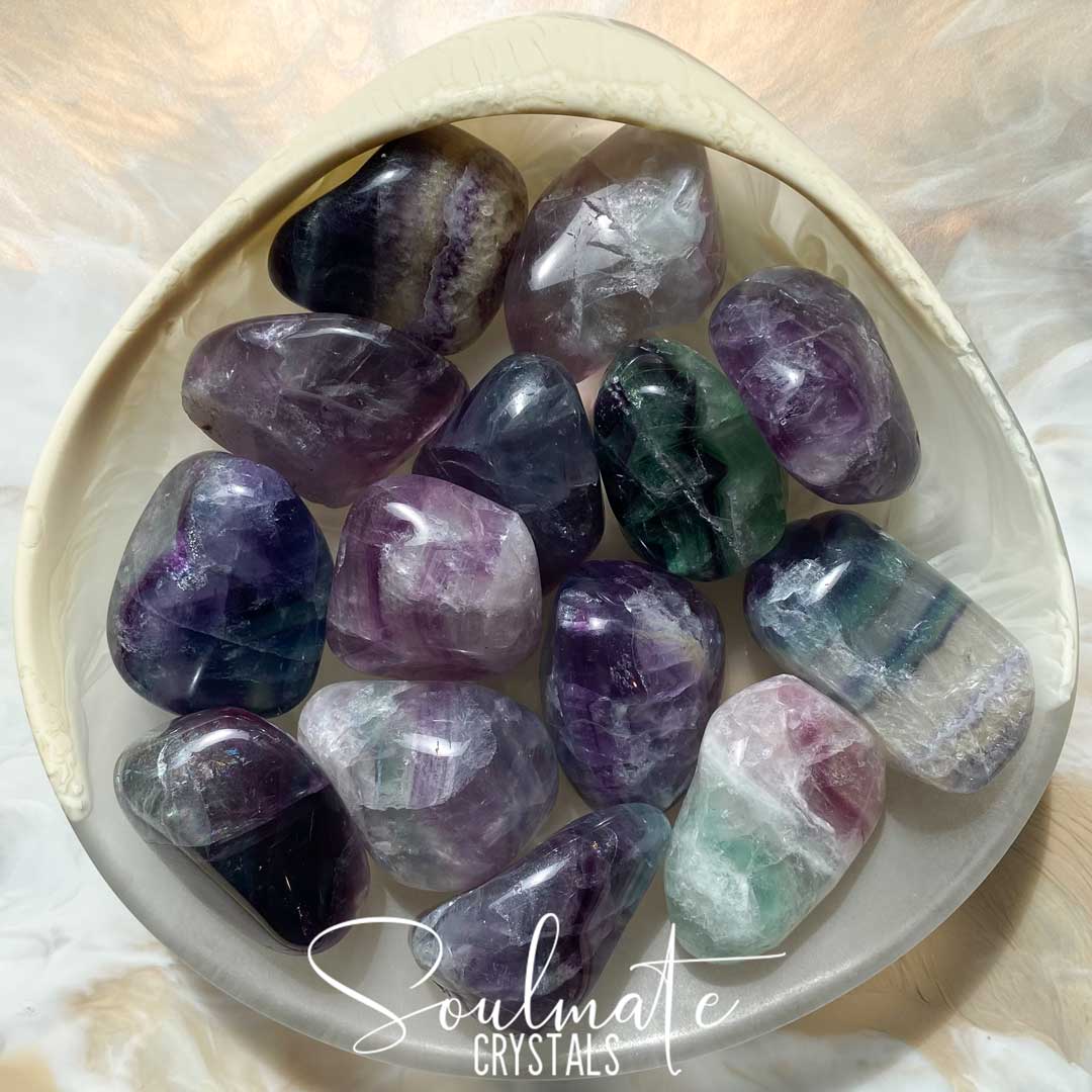 Soulmate Crystals Rainbow Fluorite Polished Pebble, Purple, Green Fluorite Crystal for Study, Focused Thinking, Mental Agility, Palm Stone.