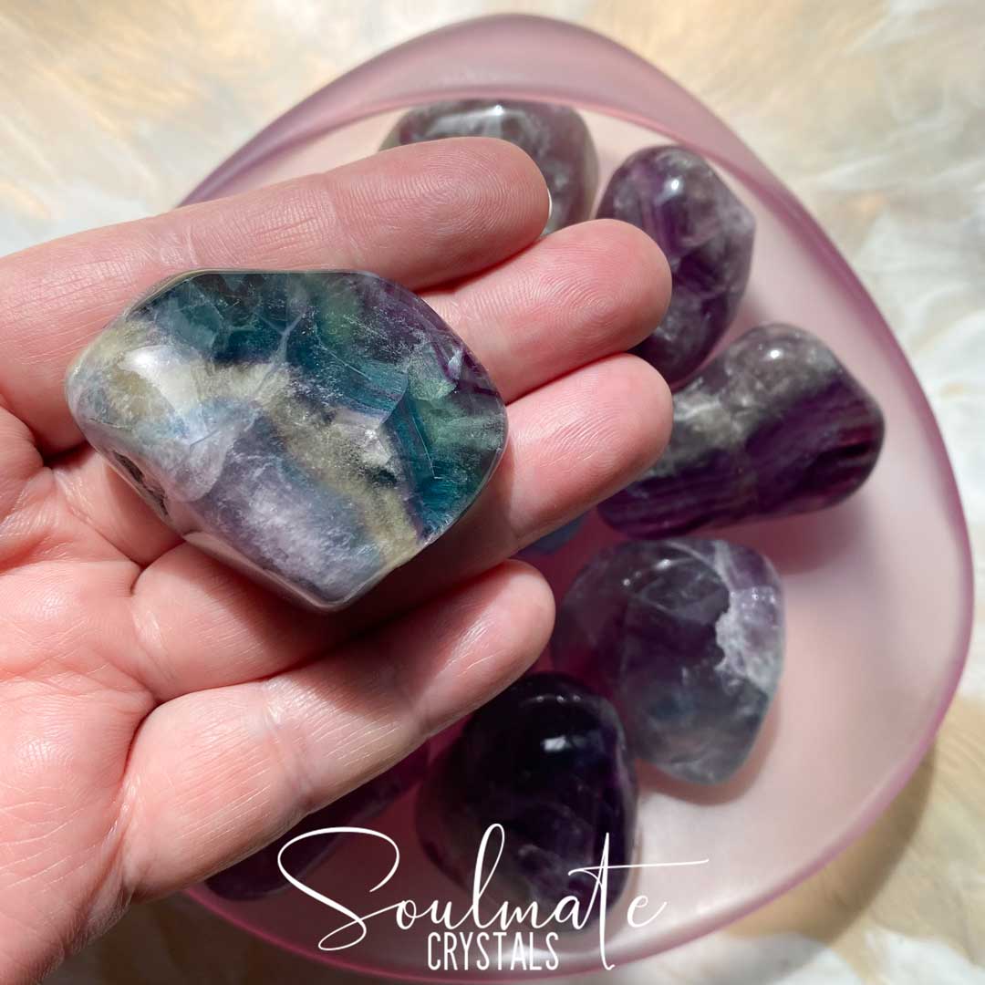 Soulmate Crystals Rainbow Fluorite Polished Pebble, Purple, Green Fluorite Crystal for Study, Focused Thinking, Mental Agility, Palm Stone.