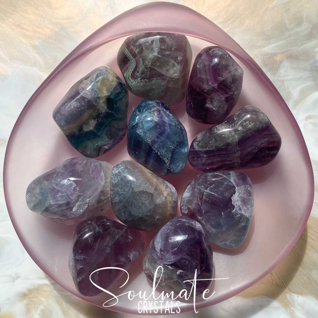 Soulmate Crystals Rainbow Fluorite Polished Pebble, Purple, Green Fluorite Crystal for Study, Focused Thinking, Mental Agility, Palm Stone.