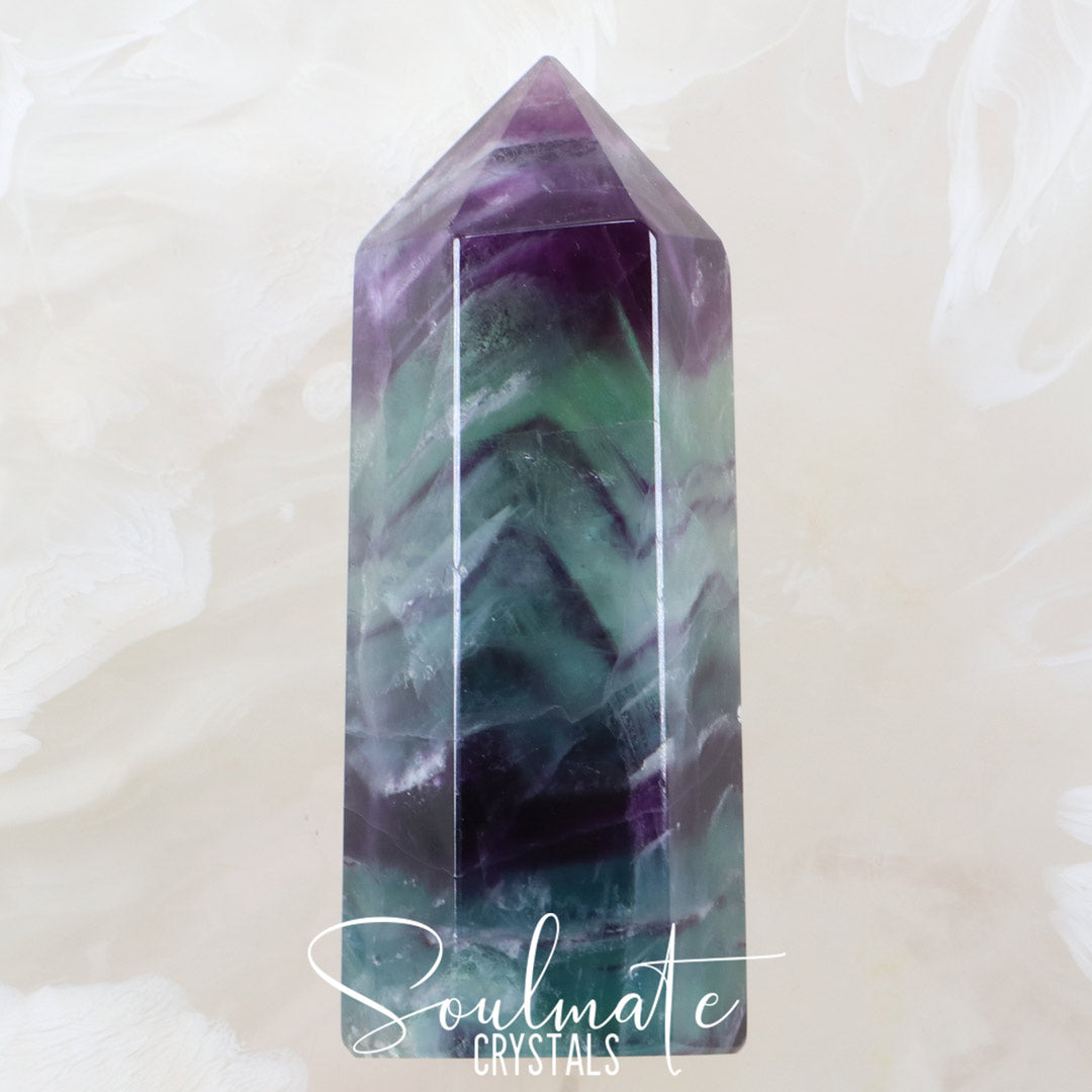 Soulmate Crystals Rainbow Fluorite Polished Crystal Point, Purple, Green, Blue, Clear Crystal for Clarifying Thoughts, Decision Making, Mental Agility