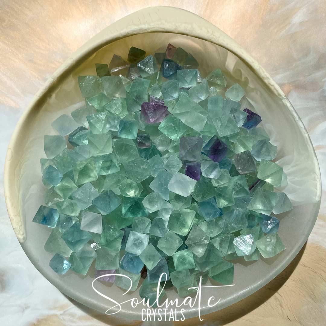 Soulmate Crystals Rainbow Fluorite Raw Natural Octahedron Mini Raw Natural Stone Pack, Purple, Green Fluorite Crystal, Mini Crystal