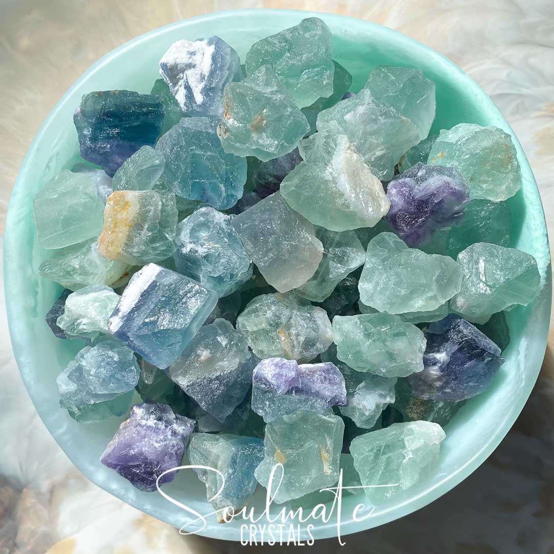 Soulmate Crystals Rainbow Fluorite Raw Natural Stone Mix Pack, Blue, Green, Purple Fluorite Crystal for Clarity, Decision Making, Study, Mental Agility.