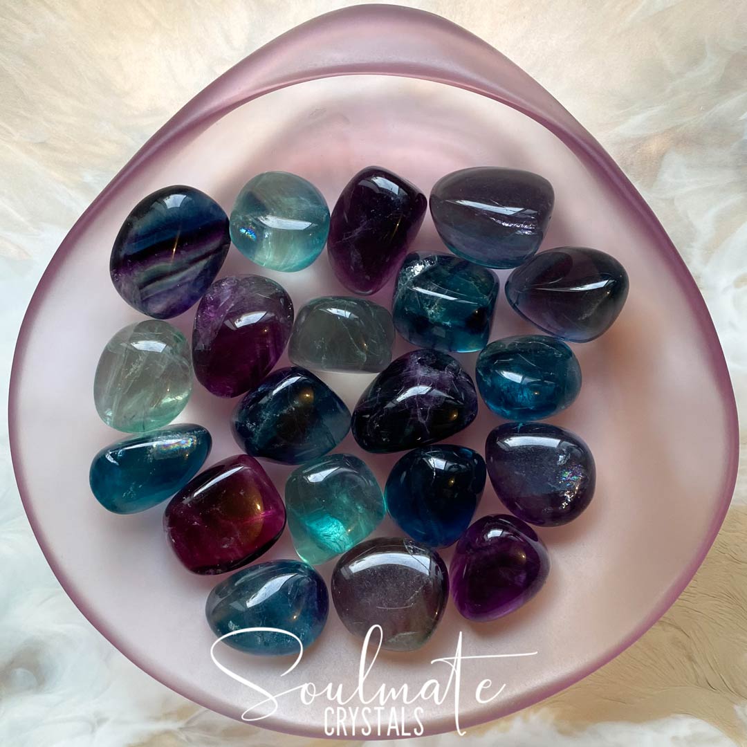 Soulmate Crystals Rainbow Fluorite Polished Crystal Freeform, Purple, Green, Blue, Clear Crystal for Clarifying Thoughts, Decision Making, Mental Agility.
