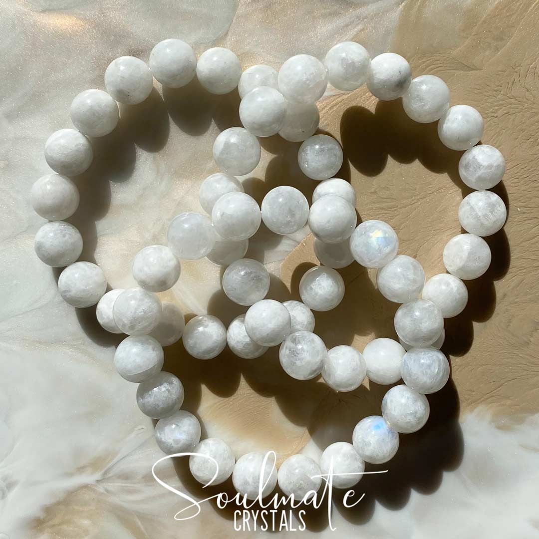 Soulmate Crystals Rainbow Moonstone Polished Crystal Bracelet 10mm Grade A, White Crystal with Blue Flash for Divine Feminine, Clarity and Intuition