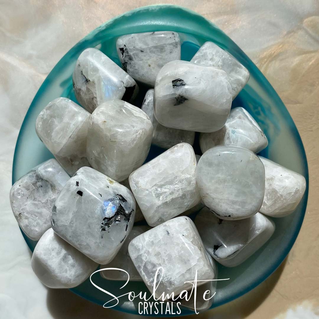 Soulmate Crystals Rainbow Moonstone Tumbled Stone, White Crystal with Blue Flash for Divine Feminine, Clarity and Intuition