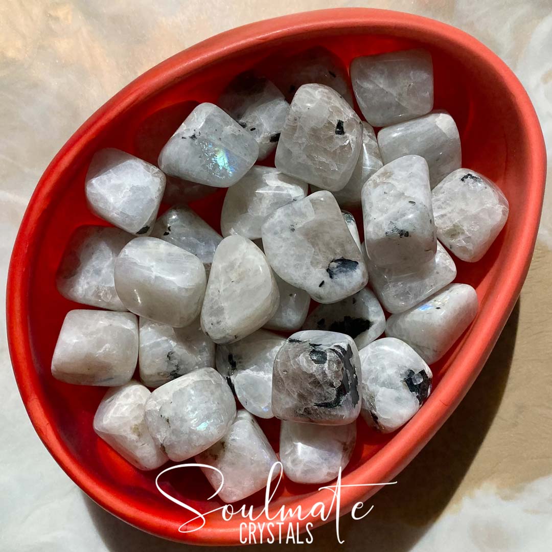 Soulmate Crystals Rainbow Moonstone Tumbled Stone, White Crystal with Blue Flash for Divine Feminine, Clarity and Intuition