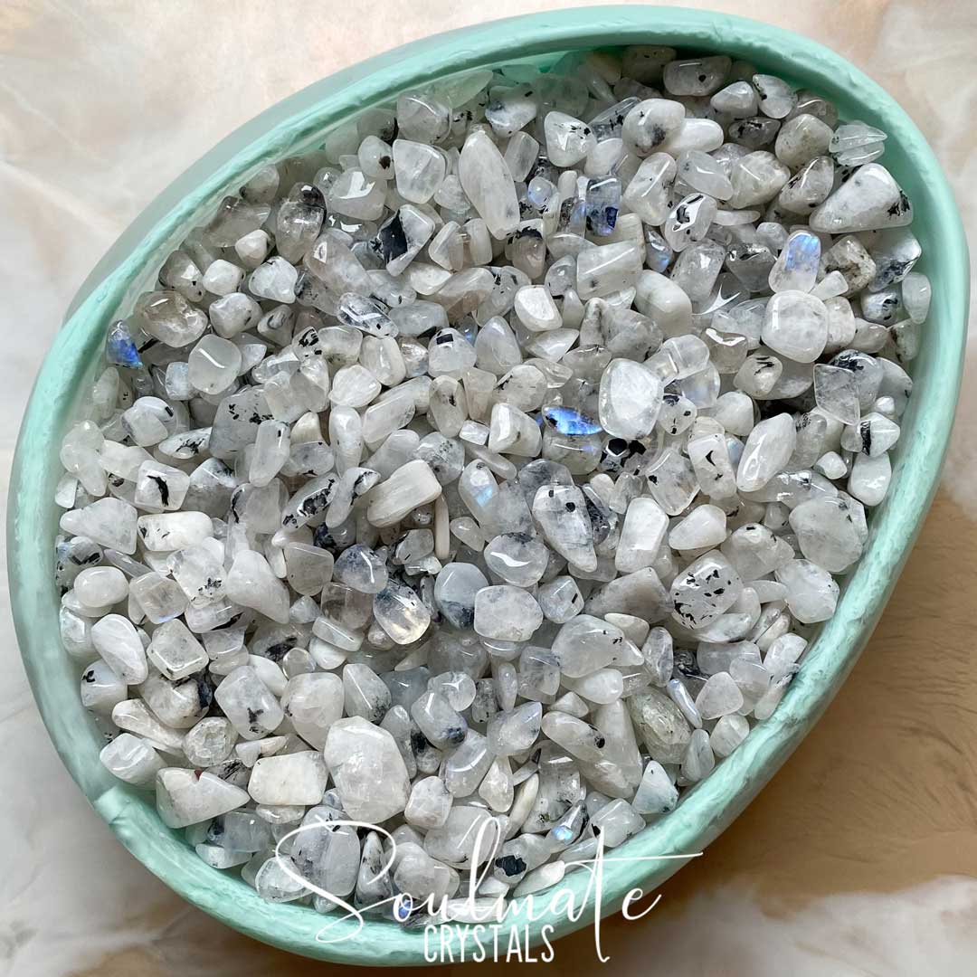 Soulmate Crystals Rainbow Moonstone Tumbled Stone, White Crystal with Blue Flash for Divine Feminine, Clarity and Intuition