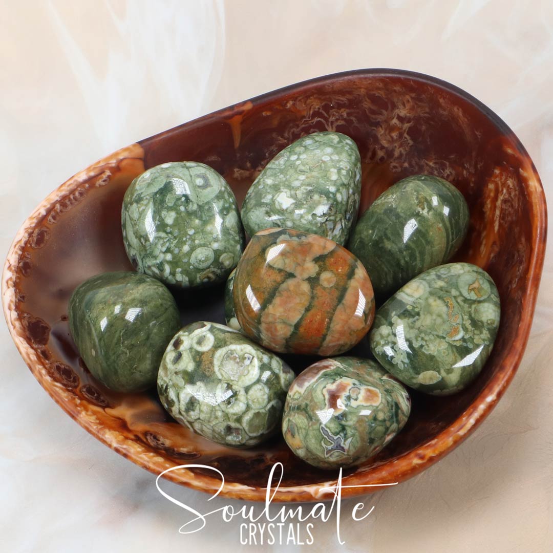 Soulmate Crystals Rainforest Jasper Rhyolite Tumbled Stone, Green Patterned Stone for Creativity, Earthy, Grounding, Rejuvenation, Vitality.