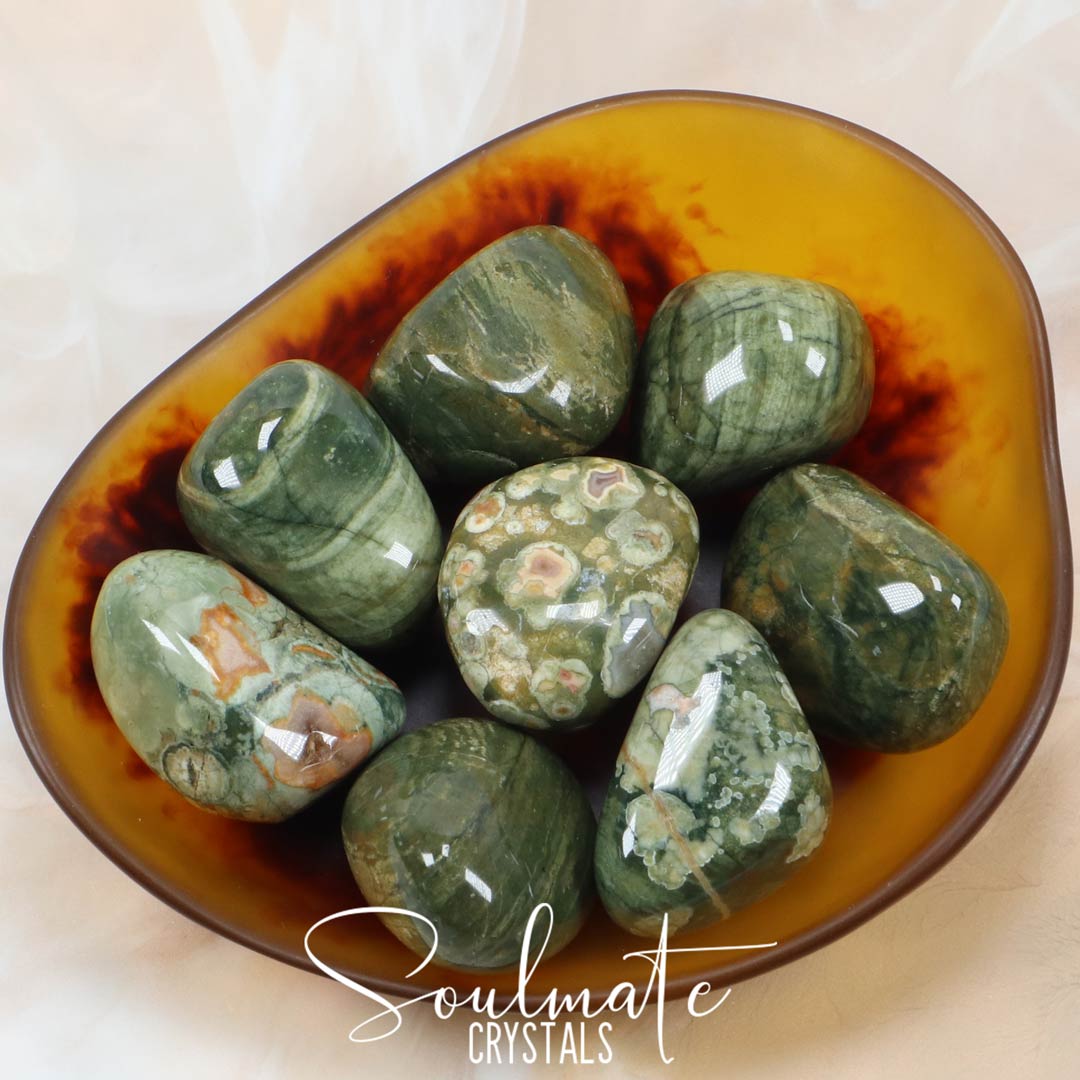 Soulmate Crystals Rainforest Jasper Rhyolite Tumbled Stone, Green Patterned Stone for Creativity, Earthy, Grounding, Rejuvenation, Vitality.