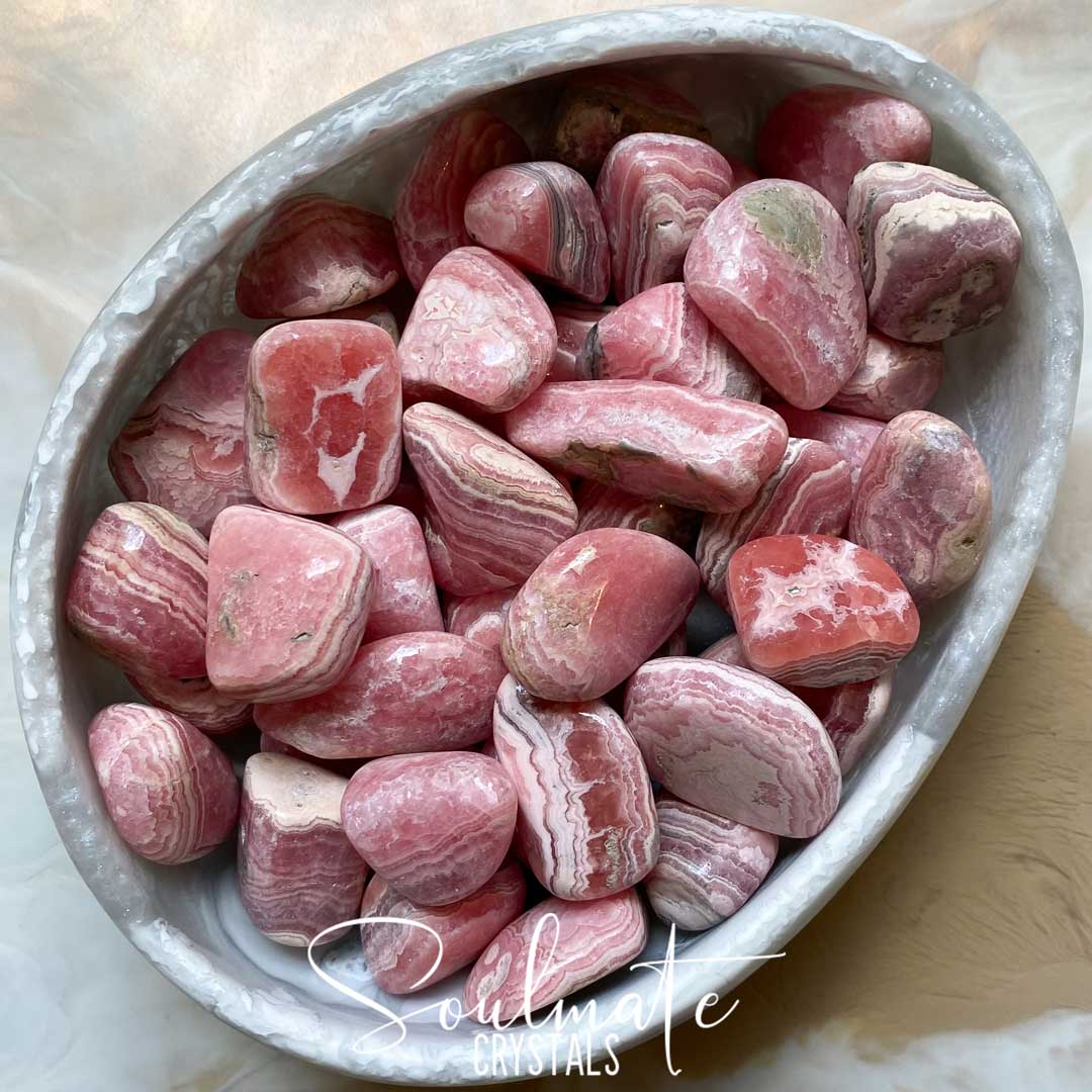 Soulmate Crystals Rhodochrosite Tumbled Stone, Rose Pink Banded Crystal for Self-Love, Compassion, Kindness.