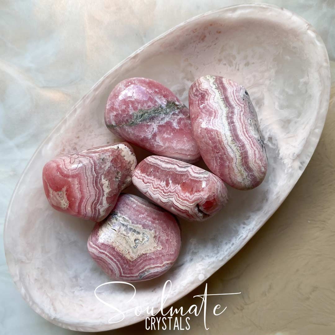 Soulmate Crystals Rhodochrosite Tumbled Stone, Rose Pink Banded Crystal for Self-Love, Compassion, Kindness.