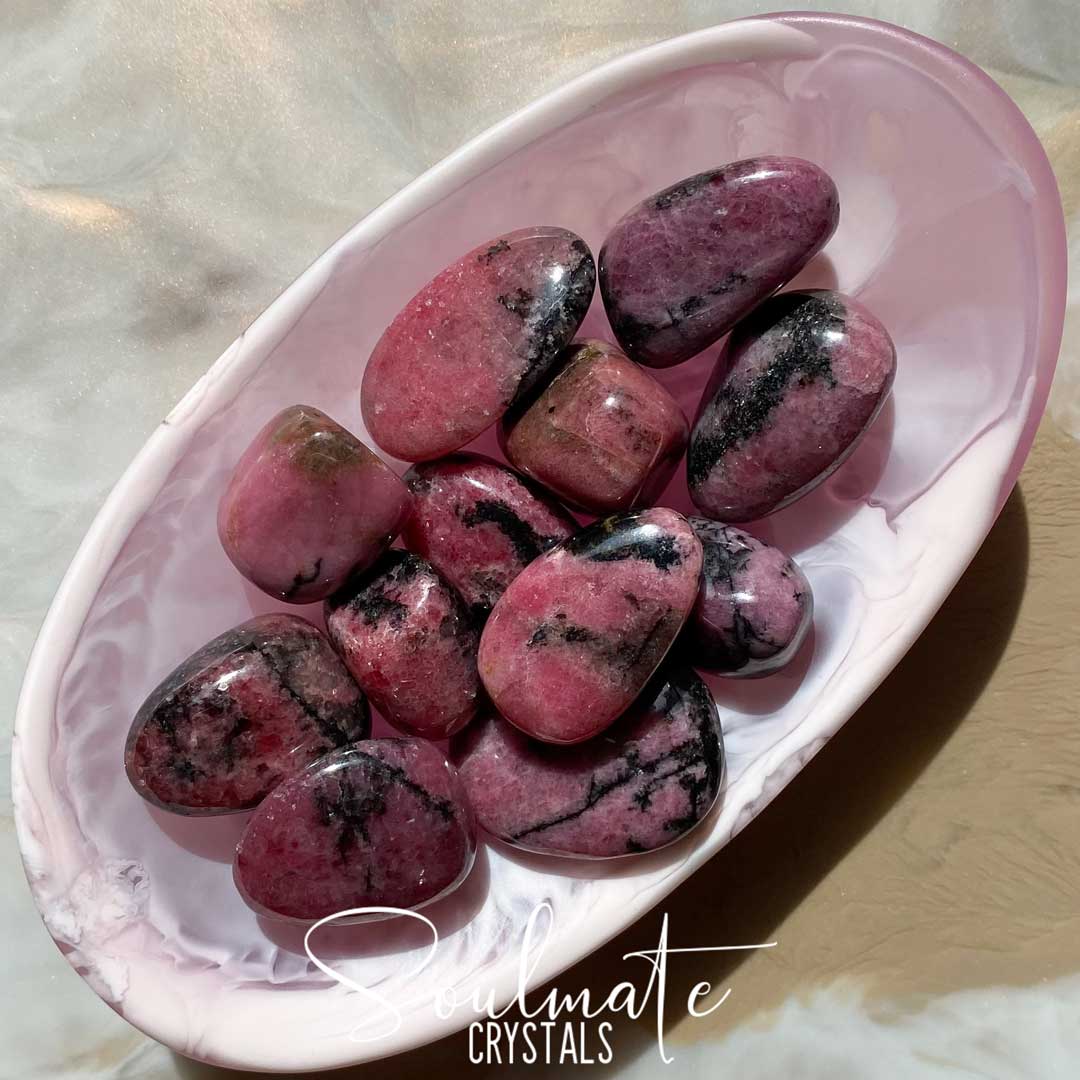 Soulmate Crystals Rhodonite Dark Tumbled Stone, Pink Crystal for Unconditional Love, Forgiveness, Self-Worth, Passion