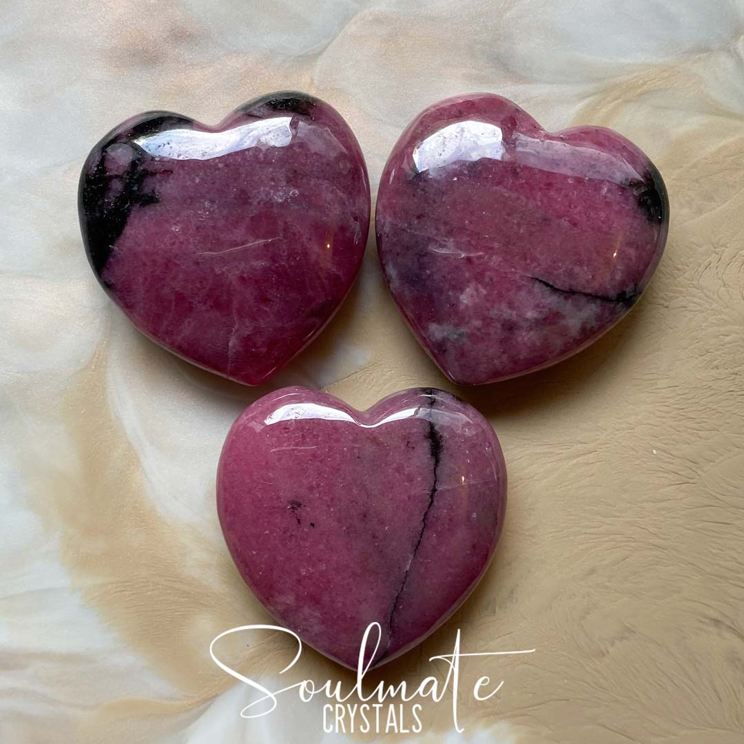 Soulmate Crystals Rhodonite Polished Crystal Heart, Pink Crystal for Unconditional Love, Forgiveness, Self-Worth, Passion.