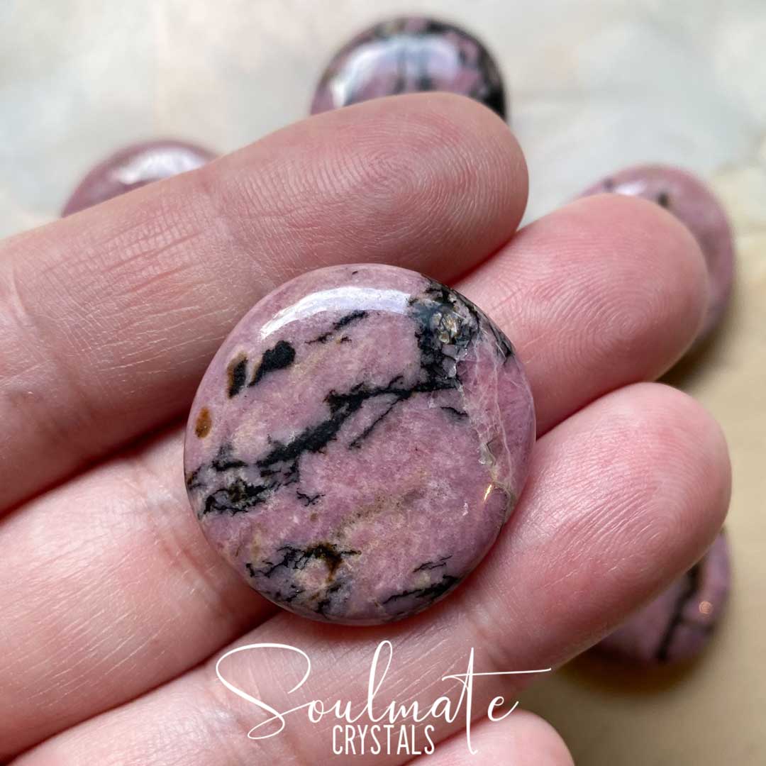 Soulmate Crystals Rhodonite Polished Palm Stone Disc, Pink Crystal for Unconditional Love, Forgiveness, Self-Worth, Passion