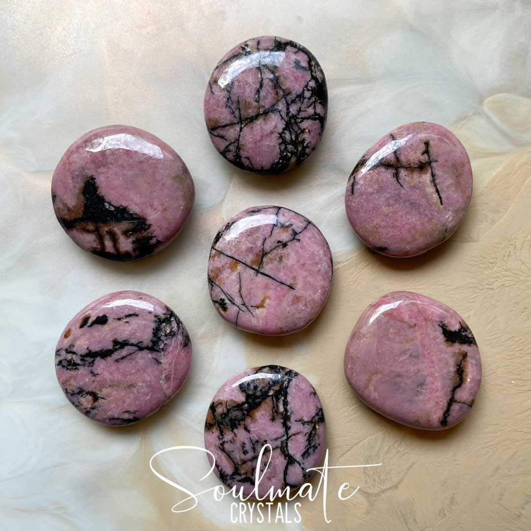 Soulmate Crystals Rhodonite Polished Palm Stone Disc, Pink Crystal for Unconditional Love, Forgiveness, Self-Worth, Passion