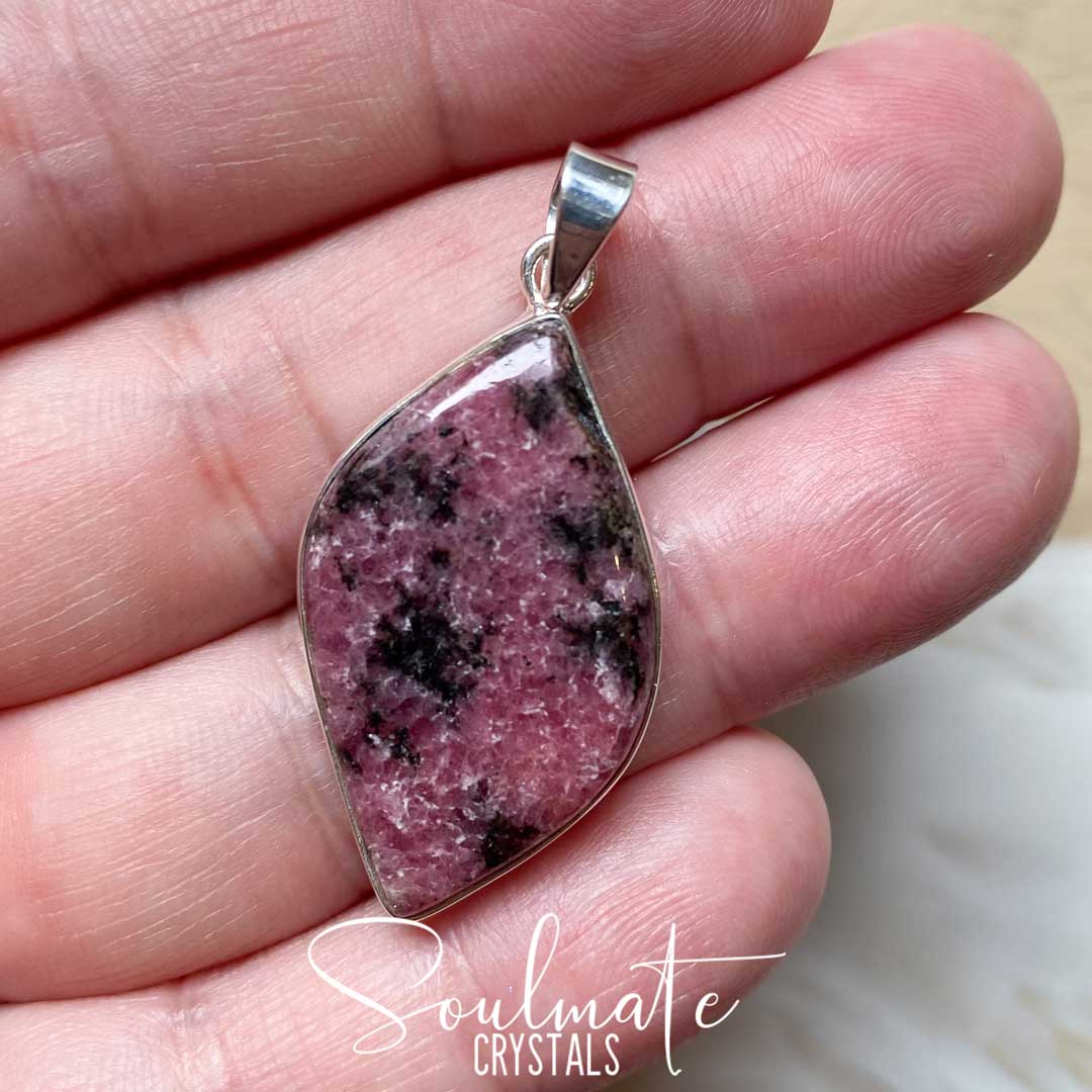 Soulmate Crystals Rhodonite Polished Crystal Pendant Leaf Sterling Silver Extra Quality Grade, Pink Crystal for Unconditional Love, Forgiveness, Pendant Jewellery, Jewelry, Wearable Crystal Jewellery.