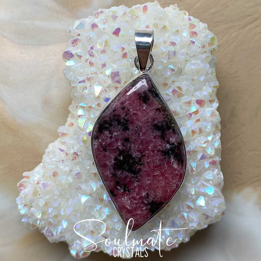 Soulmate Crystals Rhodonite Polished Crystal Pendant Leaf Sterling Silver Extra Quality Grade, Pink Crystal for Unconditional Love, Forgiveness, Pendant Jewellery, Jewelry, Wearable Crystal Jewellery.
