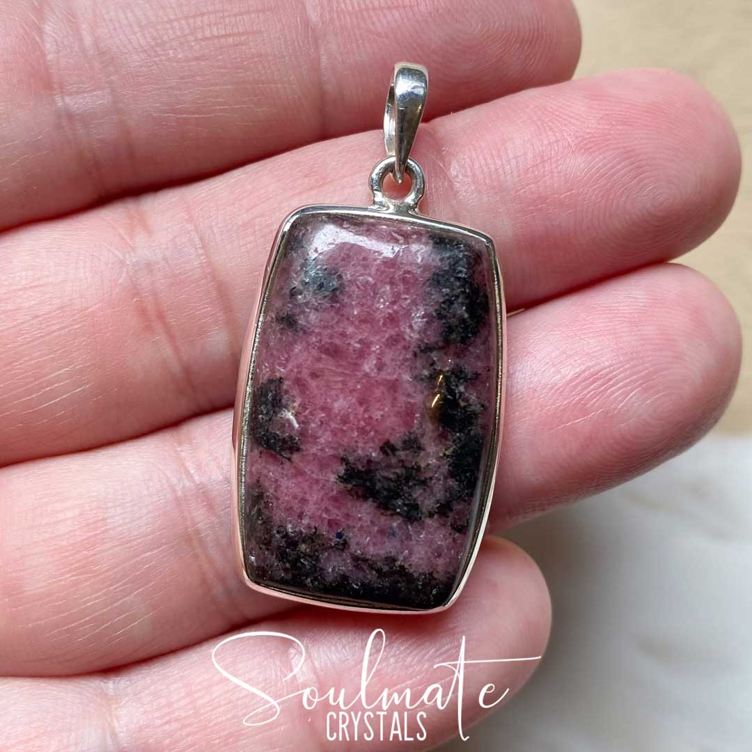 Soulmate Crystals Rhodonite Polished Crystal Pendant Oblong Sterling Silver Extra Quality Grade, Pink Crystal for Unconditional Love, Forgiveness, Pendant Jewellery, Jewelry, Wearable Crystal Jewellery.
