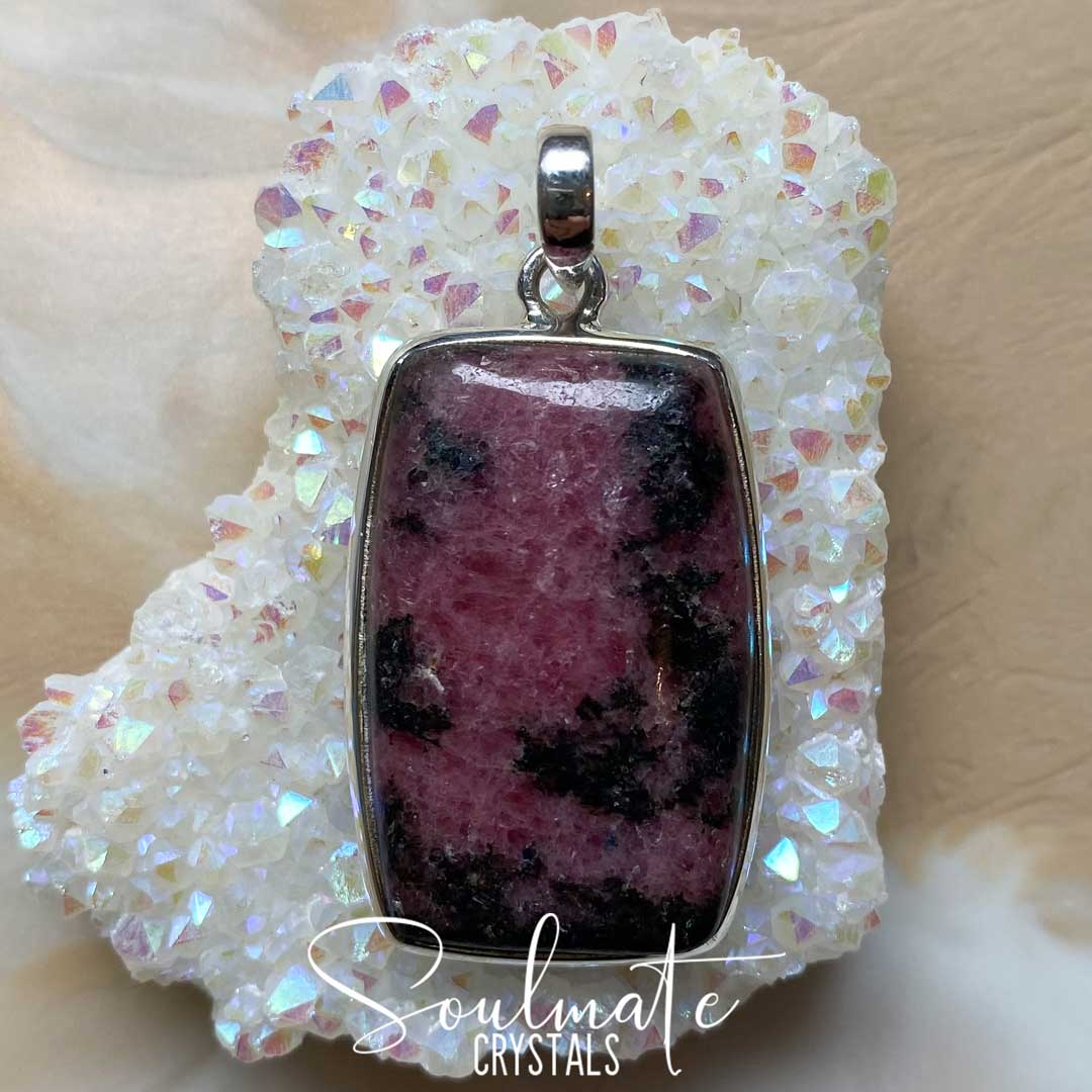 Soulmate Crystals Rhodonite Polished Crystal Pendant Oblong Sterling Silver Extra Quality Grade, Pink Crystal for Unconditional Love, Forgiveness, Pendant Jewellery, Jewelry, Wearable Crystal Jewellery.
