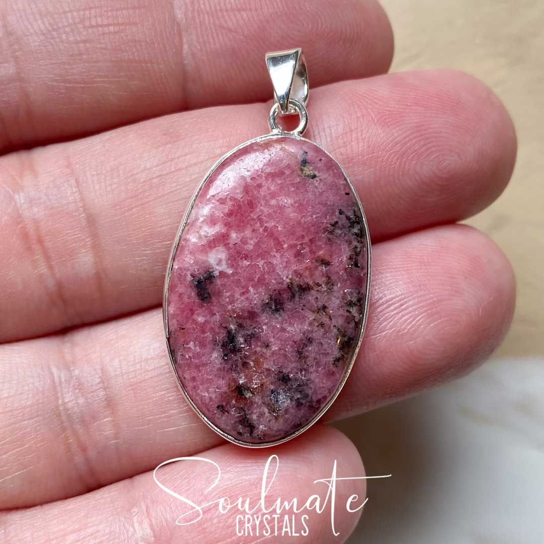 Soulmate Crystals Rhodonite Polished Crystal Pendant Oval Sterling Silver Extra Quality Grade, Pink Crystal for Unconditional Love, Forgiveness, Pendant Jewellery, Jewelry, Wearable Crystal Jewellery.