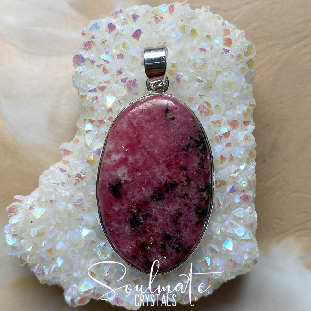 Soulmate Crystals Rhodonite Polished Crystal Pendant Oval Sterling Silver Extra Quality Grade, Pink Crystal for Unconditional Love, Forgiveness, Pendant Jewellery, Jewelry, Wearable Crystal Jewellery.