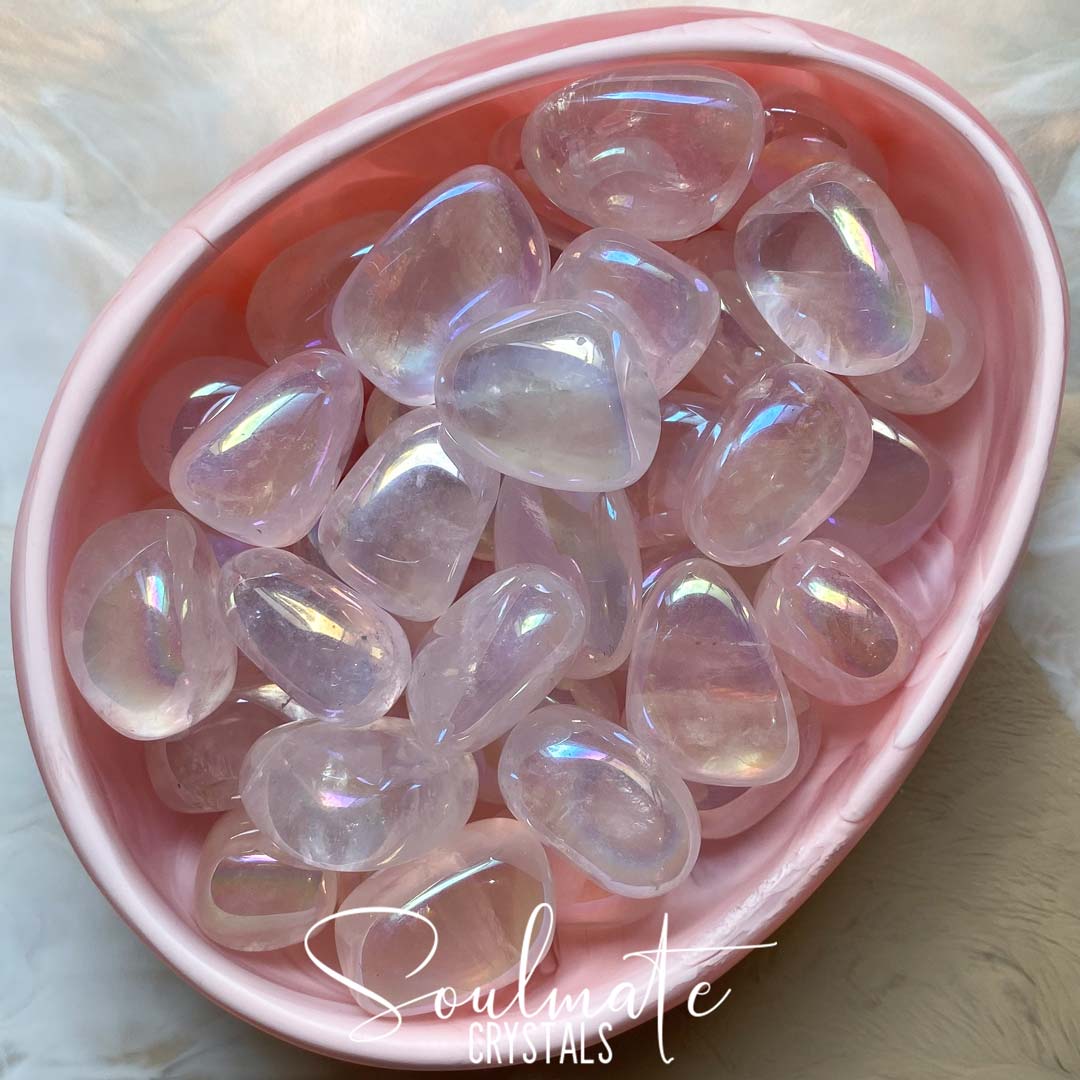 Soulmate Crystals Rose Quartz Angel Aura Tumbled Stone, Silvery Pearl Iridescent Rainbow Sheen Coated Pink Crystal for Calm, Protection and Spiritual Growth.