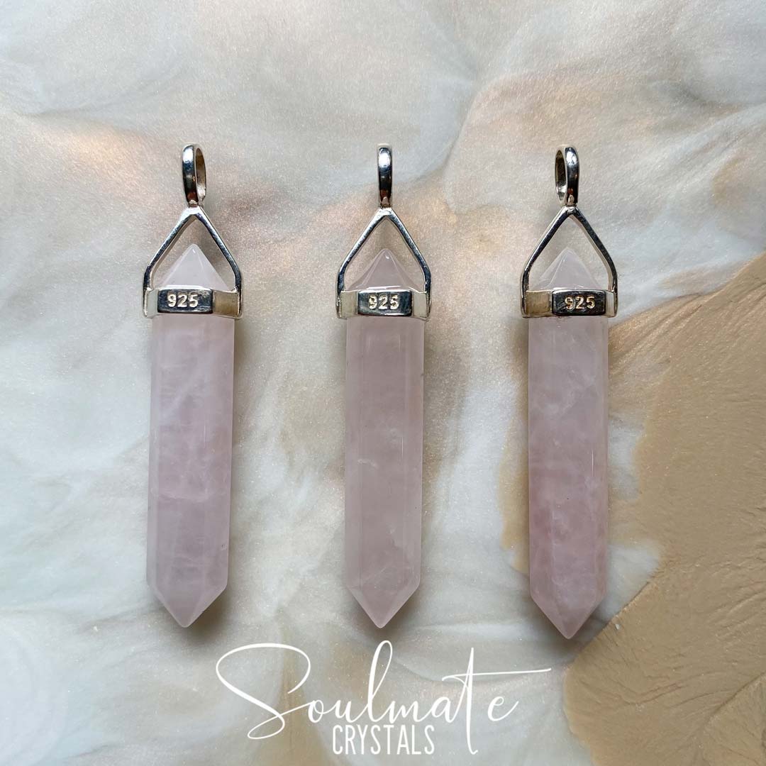 Soulmate Crystals Rose Quartz Sterling Silver Double-Terminated Crystal Pendant, Pink Crystal for Self-Love and Love.