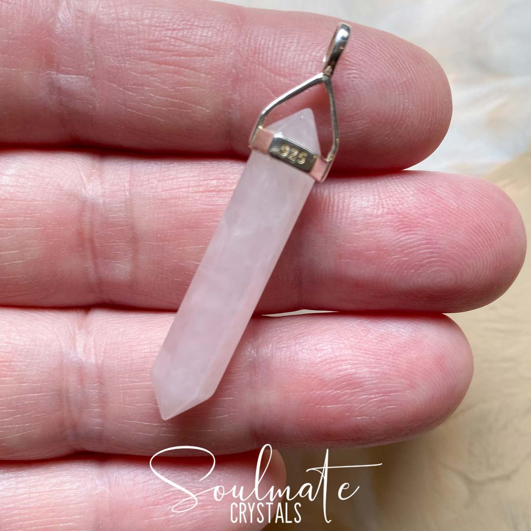 Soulmate Crystals Rose Quartz Sterling Silver Double-Terminated Crystal Pendant, Pink Crystal for Self-Love and Love.