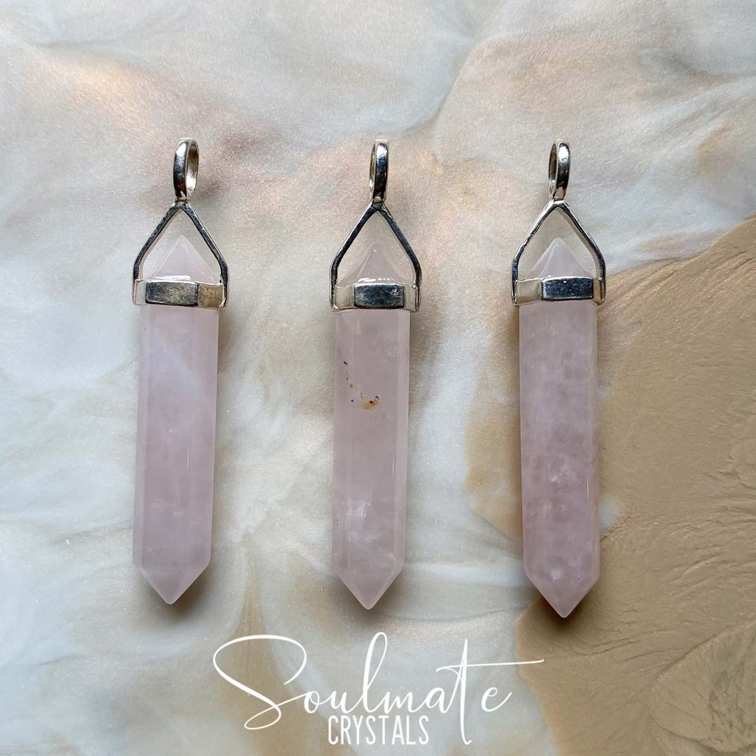 Soulmate Crystals Rose Quartz Sterling Silver Double-Terminated Crystal Pendant, Pink Crystal for Self-Love and Love.